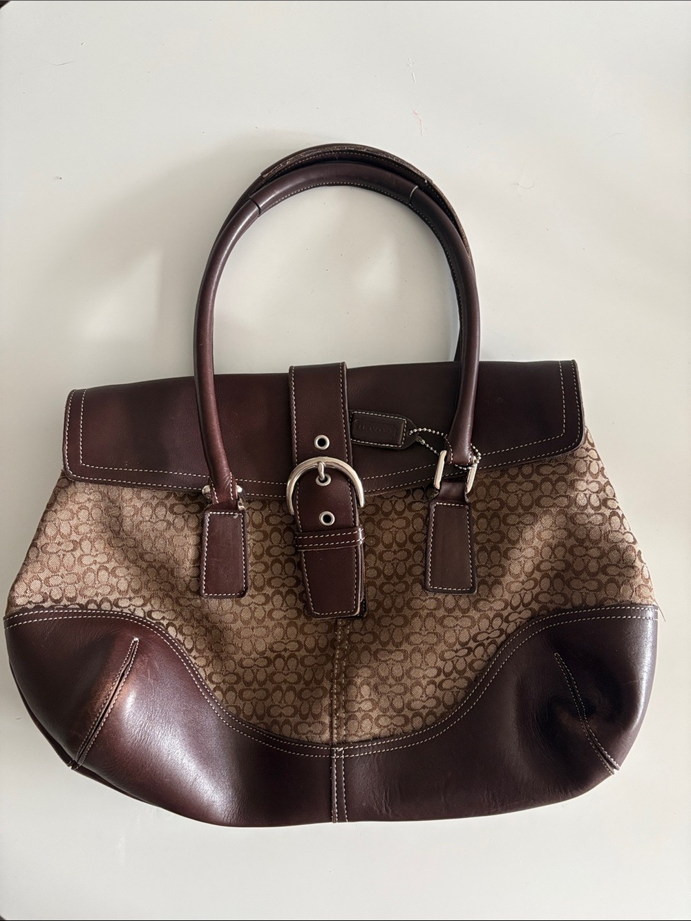 Vintage Coach Hampton Bag, Brown Signature Canvas & Dark Brown Leather
